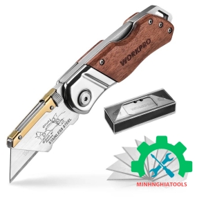 Dao gấp tiện ích có lưỡi cắt, cán cầm bằng gỗ Workpro - WP211014 
