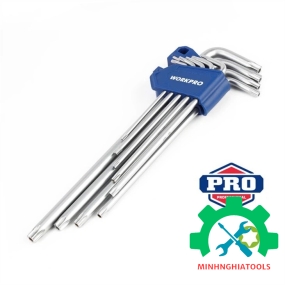 Bộ lục giác S2 đầu hình sao, kiếu chữ L, loại dài, 9 cái (T10,T15,T20,T25,T27,T30, T40,T45,T50), thép hợp kim CR-V Workpro - WP222036 