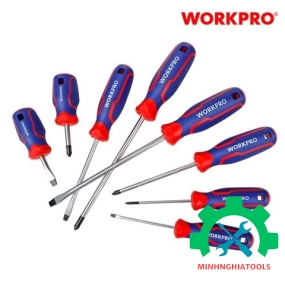 Bộ Tua vít 8 cái gồm ( 4 cái đầu hình hoa khế, 4 cái đầu dẹt), thép hợp kim CR-V Workpro - WP200505 