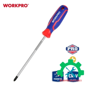 Tua vít đầu hoa thị, tay cầm bọc nhựa cao su 3 màu, chống trơn trượt kích thước PH2x200mm, thép hợp kim CR-V Workpro - WP221031