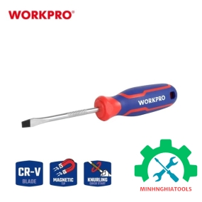 Tua vít đầu dẹt, tay cầm bọc nhựa cao su 3 màu, chống trơn trượt kích thước 4x100mm, thép hợp kim CR-V Workpro - WP221014 