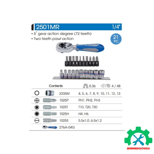 Bộ tube 1/4" 21 chi tiết hệ mét Kingtony 2501MR 