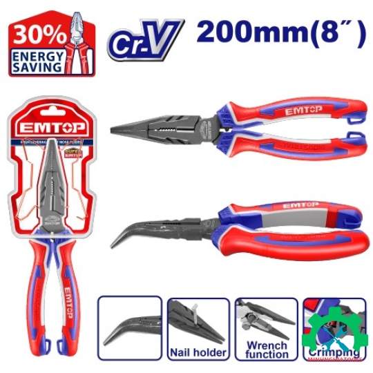 Kìm nhọn mũi cong 8" trợ lực 30% EMTOP EPLRB0821 dài 200mm