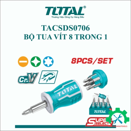 BỘ TUA VÍT 8 TRONG 1 (TAY VẶN XOAY CHIỀU) TOTAL - TACSDS1726