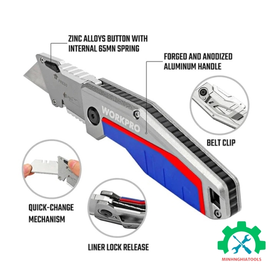 Dao gấp tiện ích có lưỡi cắt gấp gon, bằng nhôm, mở nhanh Workpro - WP011029