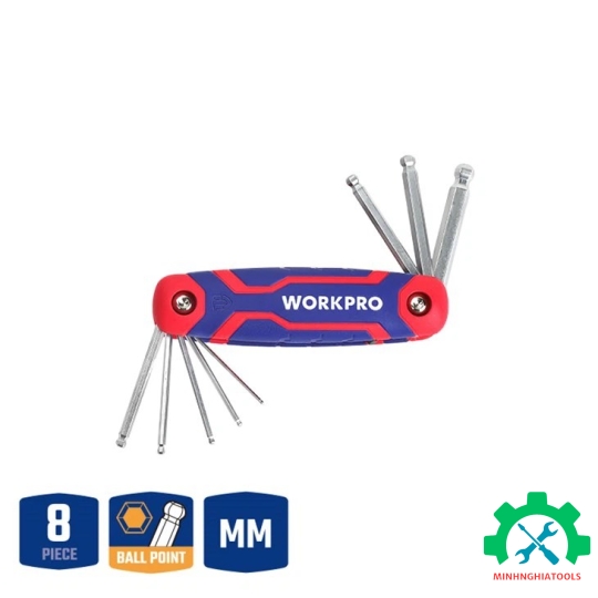 Bộ lục giác đầu bi, kiểu gấp tôm tích, 8 cái hệ mét (1.5,2,2.5,3,4,5,6,8mm), thép hợp kim CR-V Workpro - WP222020 