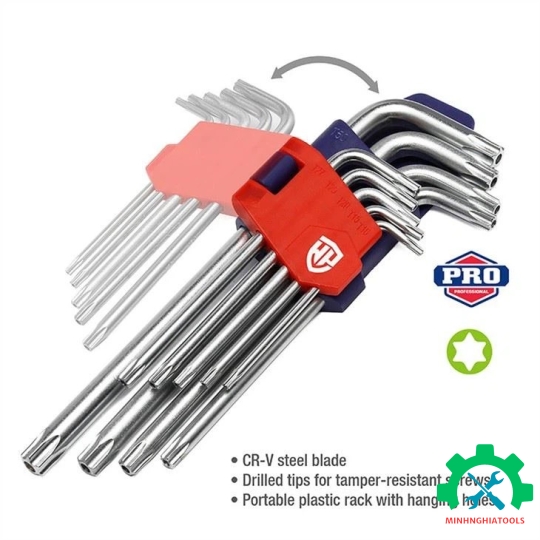 Bộ lục giác đầu hình sao kiểu chữ L, loại trung 9 cái, thép hợp kim CR-V Workpro - WP222002 