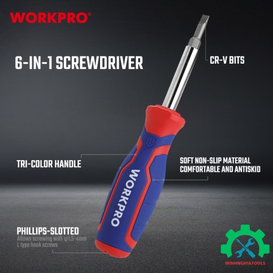 Bộ Tua vít đổi đầu 6 trong 1, thép hợp kim CR-V Workpro - WP221046 