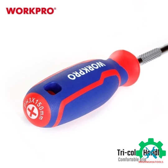 Tua vít đầu hoa thị, tay cầm bọc nhựa cao su 3 màu,ước PH3x150mm, thép hợp k chống trơn trượt kích thim CR-V Workpro - WP221032