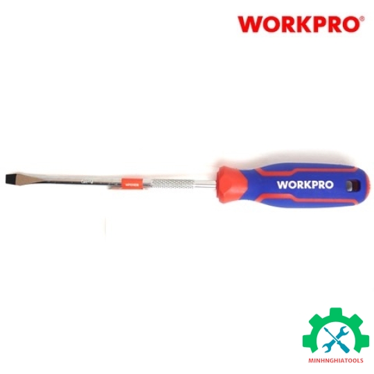 Tua vít đầu dẹt, tay cầm bọc nhựa cao su 3 màu, chống trơn trượt kích thước 4x100mm, thép hợp kim CR-V Workpro - WP221014 