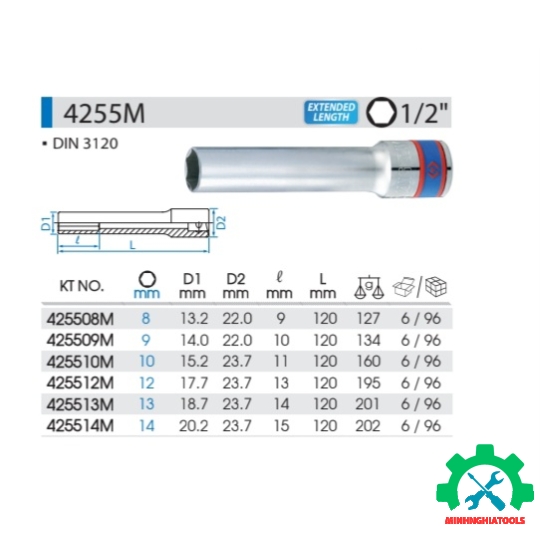 Đầu tube 1/2" trắng dài 120mm  (loại 6 cạnh) Kingtony 4255M