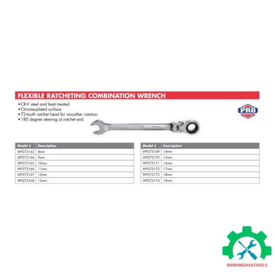 Cờ lê vòng tự động đầu lắc léo Thép CR-V WORKPRO size lẻ từ 8-19mm