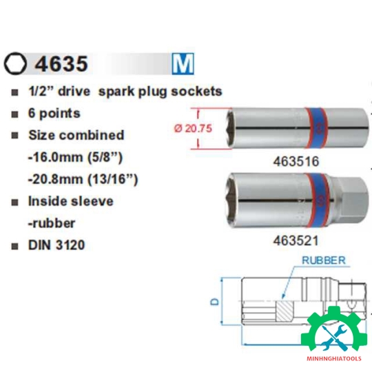 Tube tháo bugi  Kingtony 4635M chân cấm 1/2" ron cao su, Kích thước 16 - 20.8mm