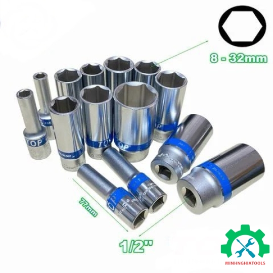 Đầu Tube 1/2" trắng dài loại 6 cạnh TOP, kích thước từ 8-32mm
