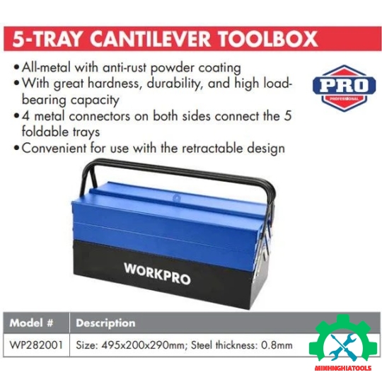 Hộp công cụ kéo 5 khay, bằng sắt 49.5x20x29cm Workpro - WP282001 