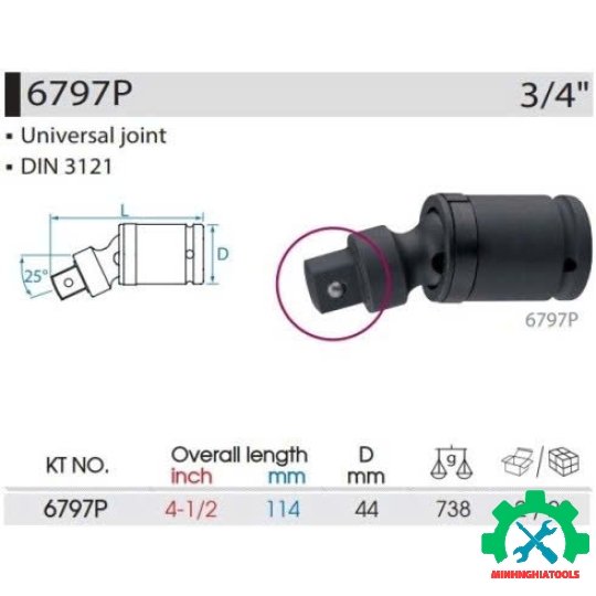 Đầu lắc léo đen 3/4" Kingtony 6797, Thép CR-MO