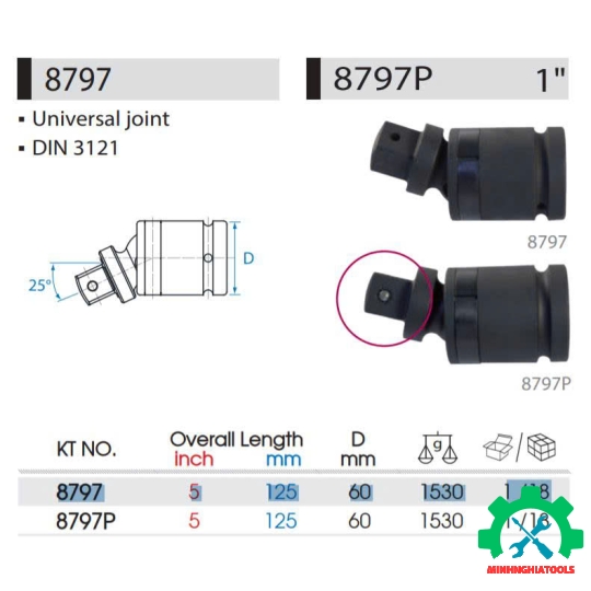 Đầu lắc léo đen 1 inch Kingtony 8797 (đầu vuông 25mm) 